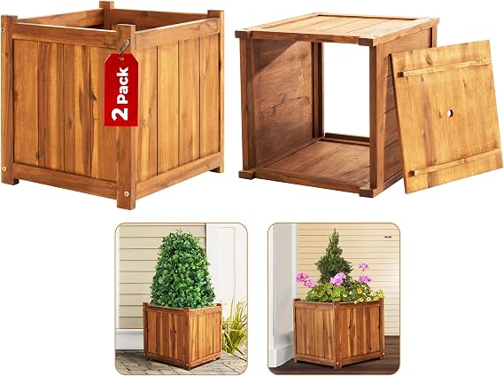 Idzo Set of 2 Hardwood Outdoor Flower Box, Durable Acacia Wood Flower Boxes for Outdoor Plants with Ergonomic Handles, Drainage Holes, Multiple Sizes Wood Bucket Planter for Home Decor