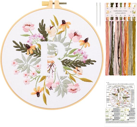 JSRQT Letter R Flower Embroidery Starter Kit, Full Range Embroidery Kit for Beginner Adults, Stamped Cross Stitch Kit with Embroidery Tool Including Embroidery Hoop Needle and Threads for Craft Lovers