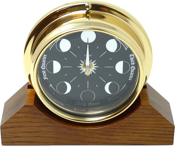 Prestige Brass Moon Phase Clock on a Solid English Oak MantelDisplay Mount