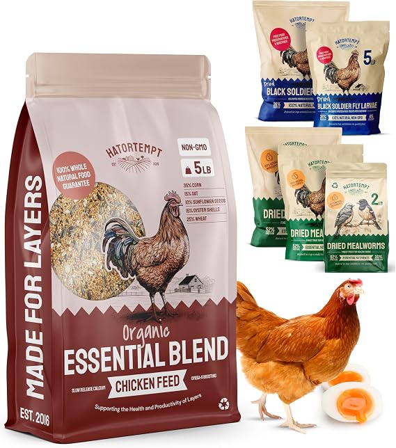 PTCOM Hatortempt Essential 3-Grain Chicken Feed Supplement - High-Protein Chicken Food for Laying Hens - Calcium-Rich Ground Oyster Shell - Poultry Feed for Egg Laying Hens (5 lb)