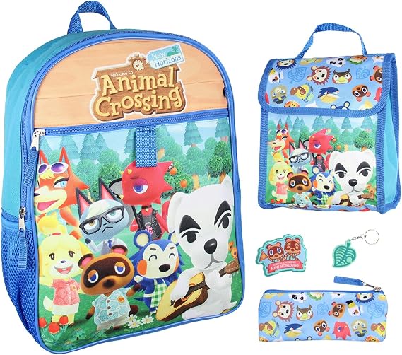 Bioworld Animal Crossing Character Print Backpack 5 pc Set Lunch Tote Keychain