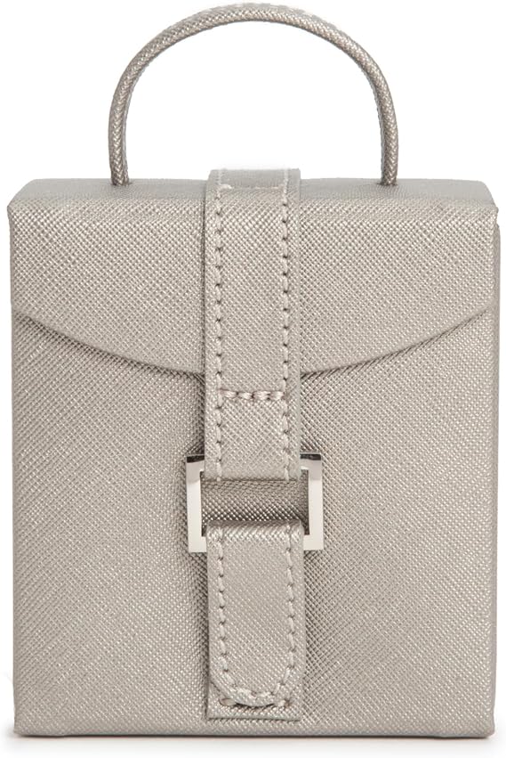 WOLF Heritage Fold-Out Jewelry Box, Pewter Saffiano - Three Compartments, One Ring Roll + Three Necklace Hooks