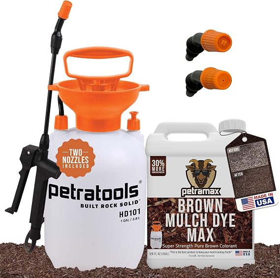 PetraTools 1-Gallon Pump Sprayer & PETRAMAX Brown Mulch Dye Bundle Complete Landscaping Solution for Reviving Mulch Color and Enhancing Curb Appeal Ideal for Garden and Lawn Maintenance