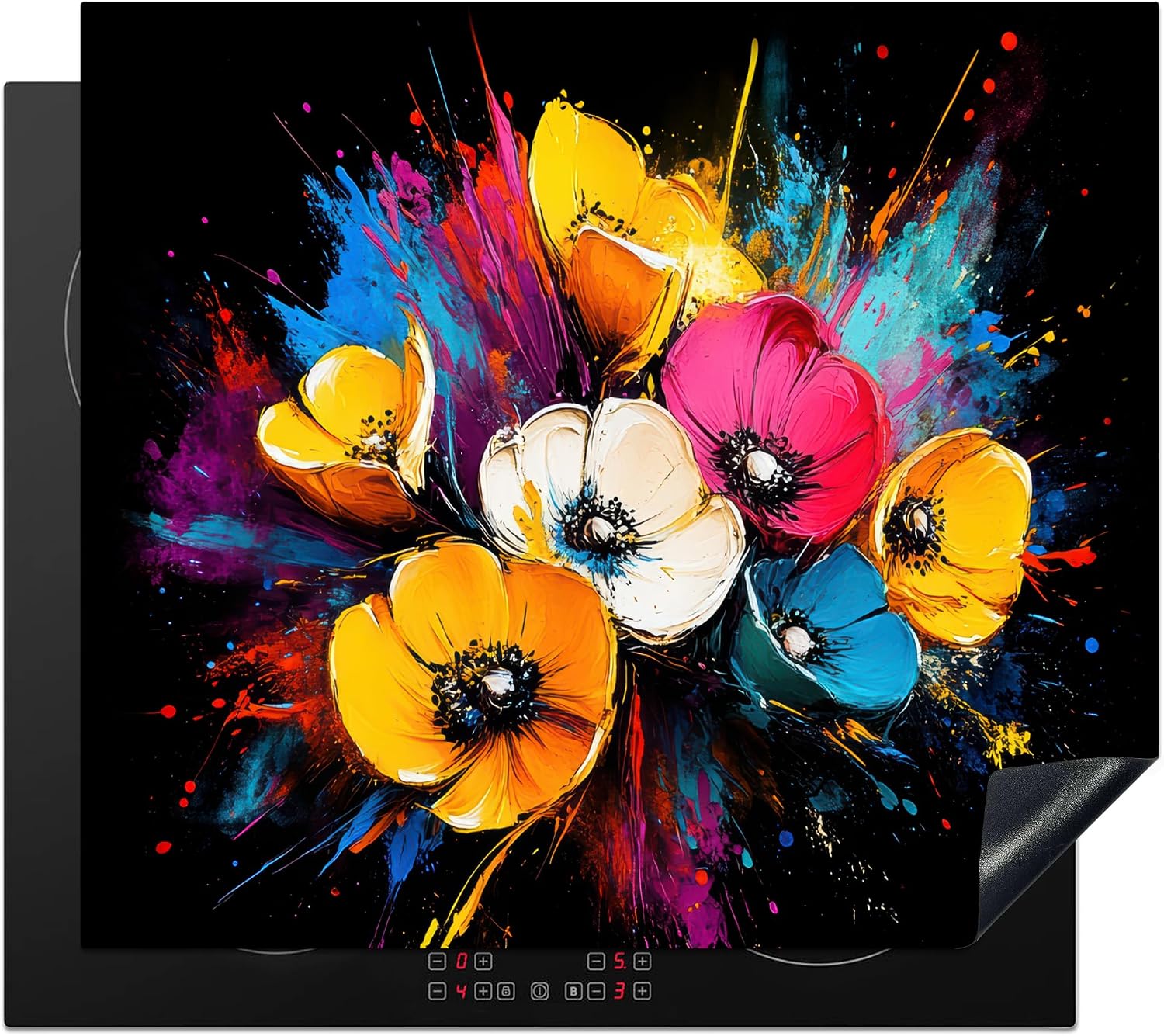 KitchenYeah© Induction Hob Protector Mat 20.5"x23.6" / 60x52 cm Stove Cap Top Cover Kitchen Cooker Covers for Electric Hobs Vinyl Flowers - Colourful - Graffiti - Modern - Bouquet