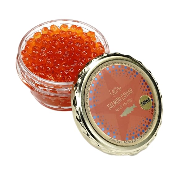 Cold-Smoked Salmon Caviar (Ikura) Grade #1 Salmon Roe, Oak Bourbon Barrel Smoked, Large Firm Pearls, Gourmet Seafood Topping, 4 oz Glass Jar