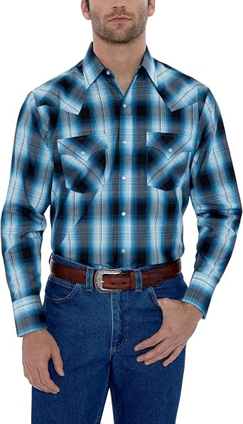 Mens Long Sleeve Western Plaid, Turquoise, S