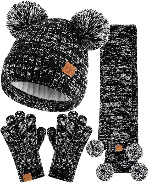 Kids Winter Hat Gloves Scarf Set, Girls Toddler Children Beanie with Pom Knit Neck Warmer Gaiter Mittens Fleece Lined Set