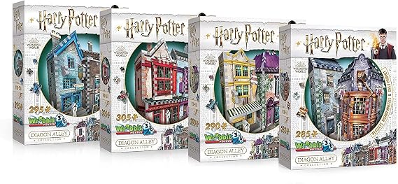 Wrebbit 3D - Harry Potter 3D Puzzle Bundle of Diagon Alley Collection | Ollivanders Wand Shop, Quality Quidditch Supplies, Madam Malkins, Weasleys Wizard Wheezes | 1175 Pieces Jigsaw Puzzle Pieces
