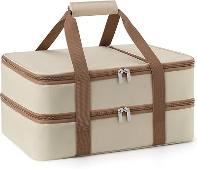 Double Insulated Casserole Carrier for Hot or Cold Food,Pie Carrier Bag Lunch Tote for Potluck PartiesPicnicCookouts, Fits 9x13 Baking Dish, Beige