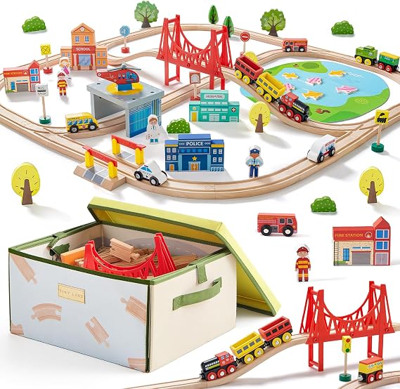 Tiny Land 110pcs Wooden Train Set with Folding Storage Box