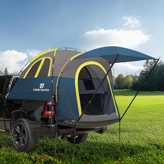 Truck Bed Tent with Awning 5.5' ~ 5.8' Easy Set Up Umburato Pickup Truck Tents for Camping, Waterproof, for 2-3 Person, Chevy, Dodge, Ford, GMC, Navy Blue & Lime
