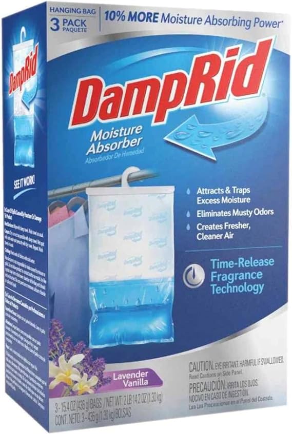 DampRid Lavender Vanilla Hanging Bag Moisture Absorber for Closets - Odor Eliminator - 3 pack (16oz. ea.); Traps Excess Moisture for Fresher, Cleaner Air