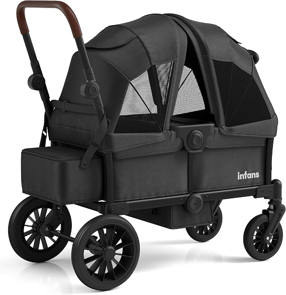 INFANS Wagon Stroller for 2 Kids, Collapsible Adjustable Push Pull Handle Bar, 2 Seater Stroller Wagon with Removable Canopy Snack Tray, Comfortable Drop-Down footwell and Upholstered Seats (Black)