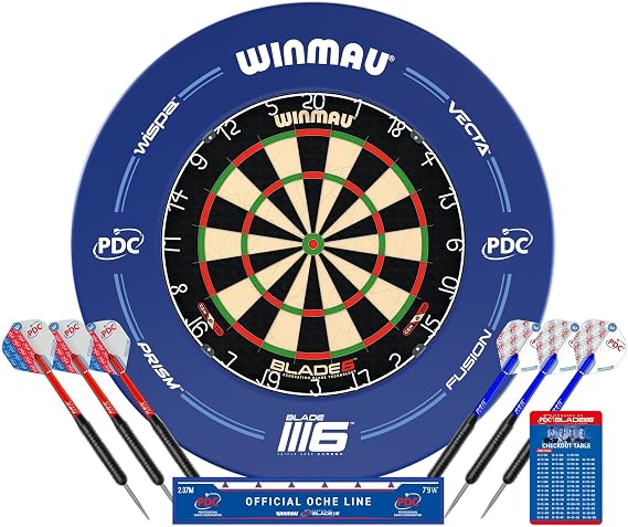 WINMAU Blade 6 Dart Board Surround Set– Official PDC Tournament Board, Uniform Fibre Density & Ultra-Thin 60° Wire for Fewer Bounce-Outs, Includes Wall Protector & Steel Tip Darts