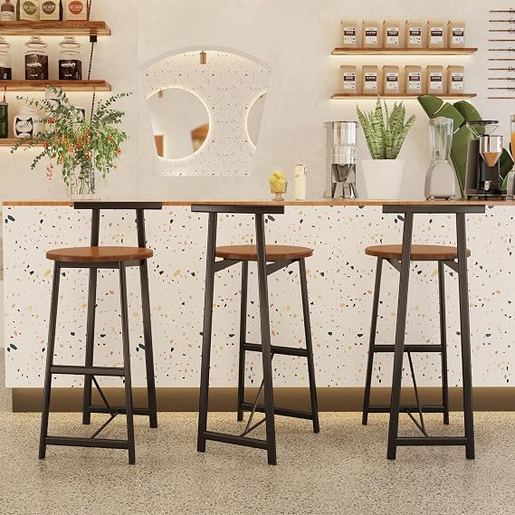 Counter Height Bar Stools, Set of 3, Kitchen Island Dining Chairs with Back, Black & Walnut Brown