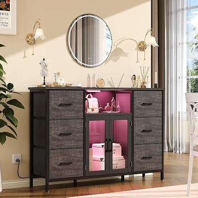 Dresser for Bedroom with Charging Station & LED Lights, Grey 6 Drawer Dresser with Adjustable Feet, Wide Anti-Tip TV Stand for 60 TV, Fabric Chest of Drawers Storage Organizer for Closet, Living Room
