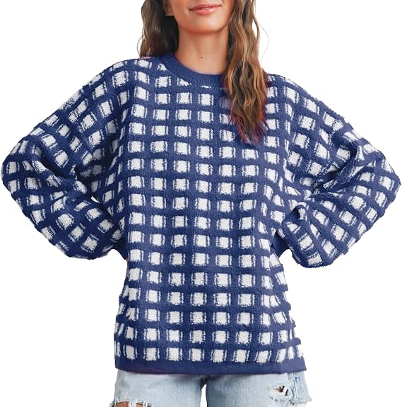 Hixiaohe Oversized Checkered Sweater for Women Trendy Pullover Sweaters Casual Long Sleeve Ribbed Knit Tops Fashion Clothes