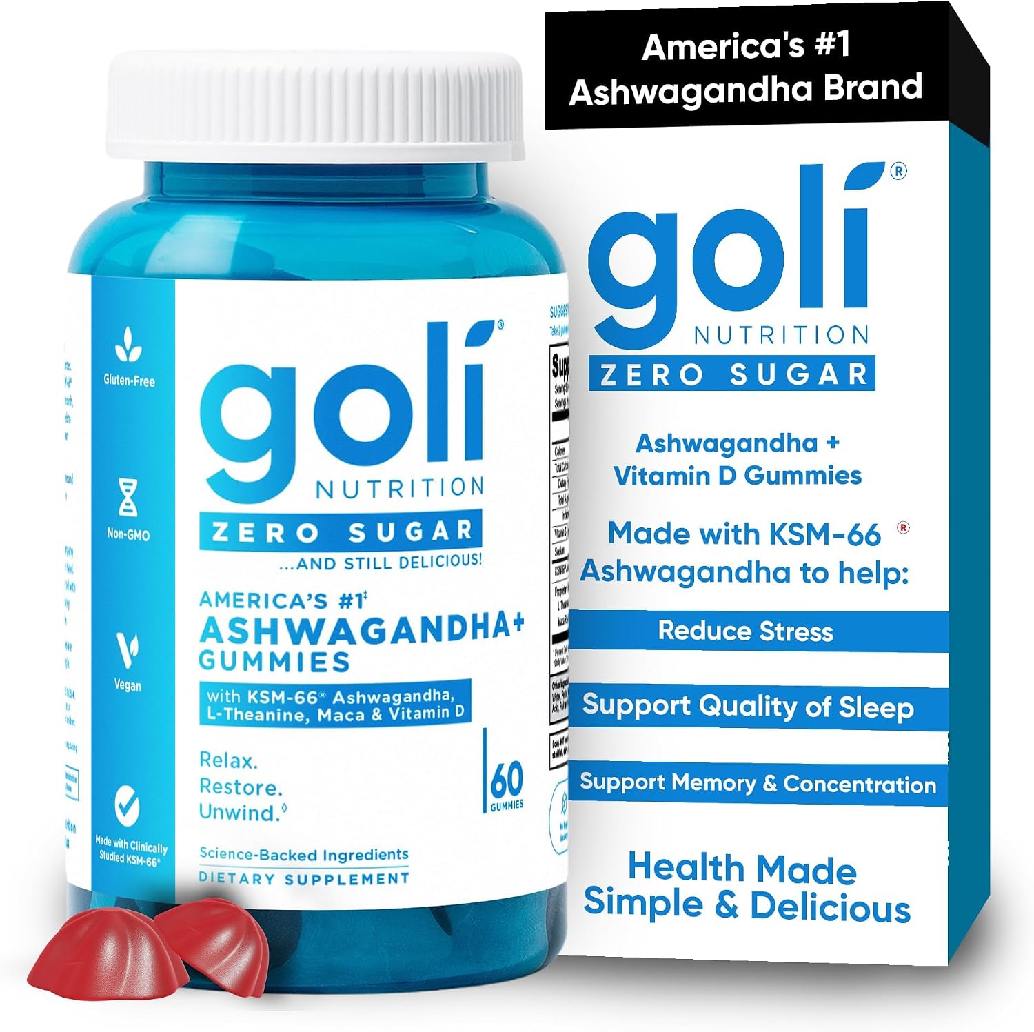 Goli Zero Sugar Ashwagandha & Vitamin D, Maca, L-Theanine Gummies, No Artificial Sweeteners, No Sugar Alcohols. Mixed Berry, KSM-66, Vegan, Plant Based, Non-GMO, Gluten-Free & Gelatin Free, 60 Gummies
