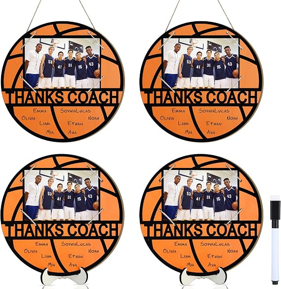 Qunclay 4 Pcs Basketball Picture Frame with Signature Pen 4 x 6 Inches Basketball Thanks Photo Frame for Coach Wooden Sports Gift from Team Coaches Appreciation Plaque Gifts