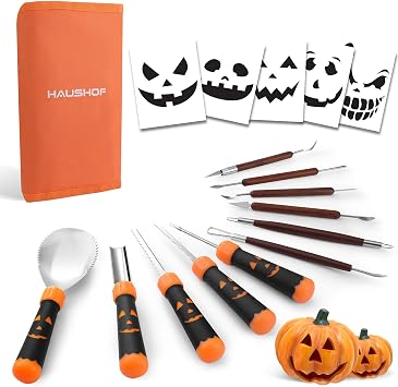 HAUSHOF Pumpkin Carving Tools with Stencils, 11PCS Halloween Pumpkin Carving Kit Professional Knives Set with Case, Halloween Gifts for Halloween Decorations