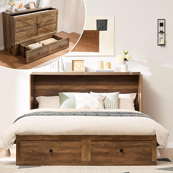 AMERLIFE Full Murphy Bed with Storage & Charging Station | Barnwood Wood Murphy Cabinet, Farmhouse Foldable Platform Bed, Large Drawer, Noisy Free, Guest Bedroom & Living Room