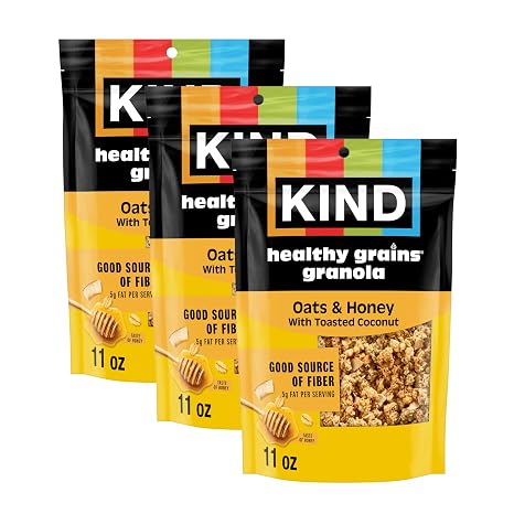 Kind Healthy Grains Granola, Oats & Honey Clusters with Toasted Coconut, Gluten Free, Healthy Snack Mix, 5g Protein, 11oz, 3 Count