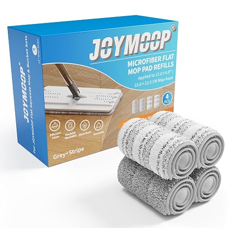 JOYMOOP Flat Mop Pads, Microfiber Mop Cleaning Pads, Washable Pads, Pads Replacement for JOYMOOP Flat Mop or Mop Bucket Set, Pack of 4 Refills 13inch - Grey and Stripe