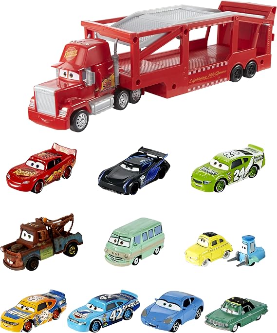 Bundle of Mattel Disney Pixar Cars Die-Cast Mini Racers 10-Pack Vehicles + Mack Hauler, 13-inch Toy Transporter Truck with Ramp & Carry Storage for 12 Vehicles