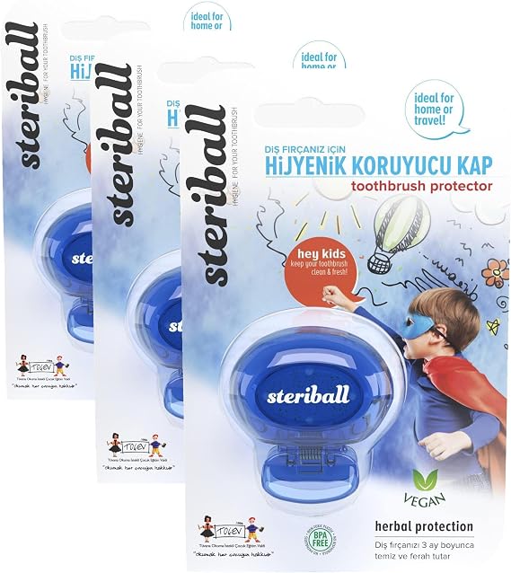 Steriball Diş Fırçası için Vegan Hijyenik Koruyucu Mavi Kap (3 paketi)