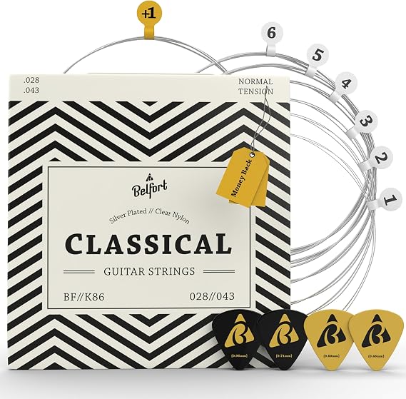 BELFORT Classical Guitar Strings Nylon Silver-Wound 6-String Set | Incl. extra high E-string + 4 picks & eBook. For classical & concert guitar.