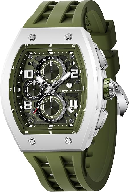 TSAR BOMBA Mens Luxury Watch Watches for Men 50M Waterproof Japanese Quartz Movement Tonneau Stainless Steel Case Sapphire Glass with Chronograph Date Function Cool Unique Fashion Gift