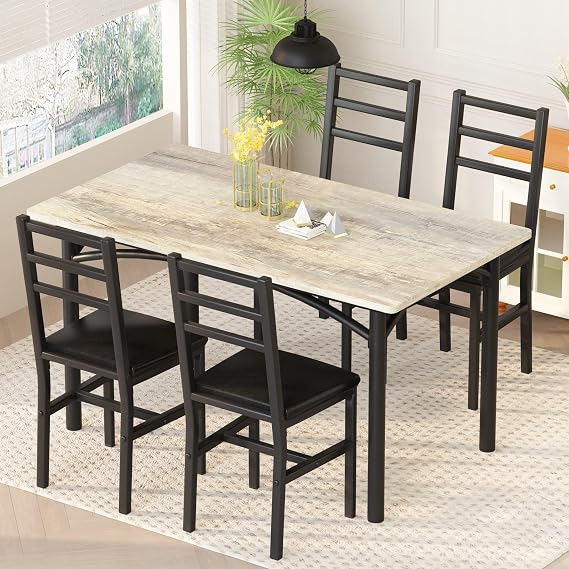 AWQM Rectangular Kitchen Table and Chairs for 4, Dining Table Set for 4 Small Spaces Wood Kitchen Table and Upholstered Chairs, 5 Piece Dining Table Set with Metal Frame and Metal Table Legs Gray