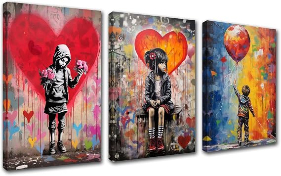Graffiti Prints Poster Banksy Love Wall Art Girl Boy Balloon Canvas Art Colorful Scribble Street Wall Picture Room Decor Watercolour Style for Livingroom Decor Artwork Stretched Easy to Hang 42”Wx20”H