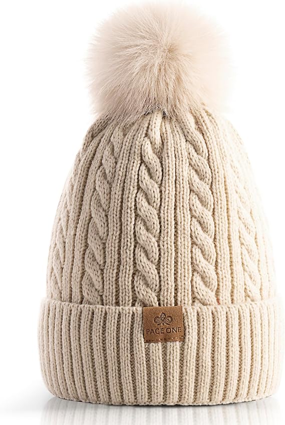 PAGE ONE Women Winter Pom Pom Beanie Hats Warm Fleece Lined Knit Hat Chunky Trendy Cute Cap