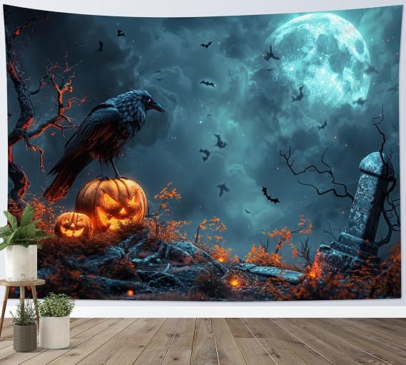 LB Halloween Crow Tapestry Horror Pumpkin Black Bat at Cemetery Wall Tapestry for Bedroom Blue Moon Night Tapestries Wall Hanging for Living Room College Dorm Wall Decor,60Wx40H inches