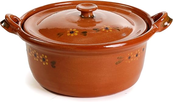 Ancient Cookware, Mexican Clay Lidded Cazuela Pot, Large, Terracotta, 4.5 Quarts