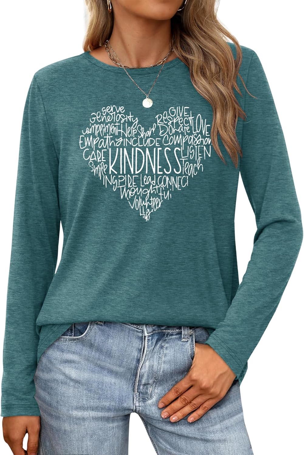 Anbech Womens Long Sleeve Graphic Tshirts Kindness Print Crew Neck Casual Tee Tops