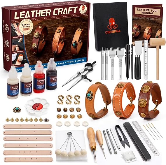 CBHGFEA Leather Crafting Kit, Leather Crafting Tools with a Wristband Making Video Tutorial for DIY Beginners, Leather Working Tools Kit Includes Cutting Knife, Edge Burnisher, 1/2/4/6 Stitching Punch