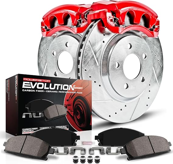 PowerStop Rear Brake & Caliper Kit for Ford Mustang 1994-04 - Carbon-Fiber Ceramic Brake Pads + Drilled & Slotted Rotors + Red Powder Coated Calipers, KC1303