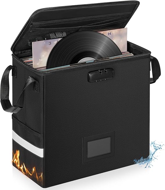 OUUTMEE Fireproof Vinyl Record Storage Box with Lock for 12 inch Records