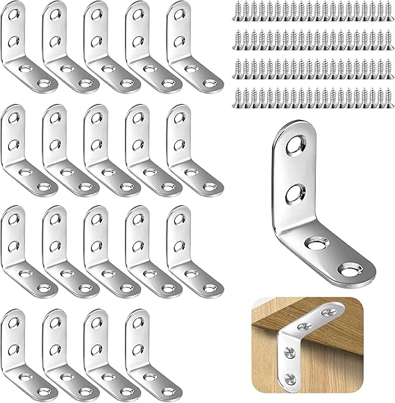 20 Pcs Angle Brackets 90 Degree Bracket 40X40mm (4 Holes) L Shaped Bracket Stainless Steel Right Angle Bracke with 80 Screws Metal Corner Brackets for Wood Furniture Fixation