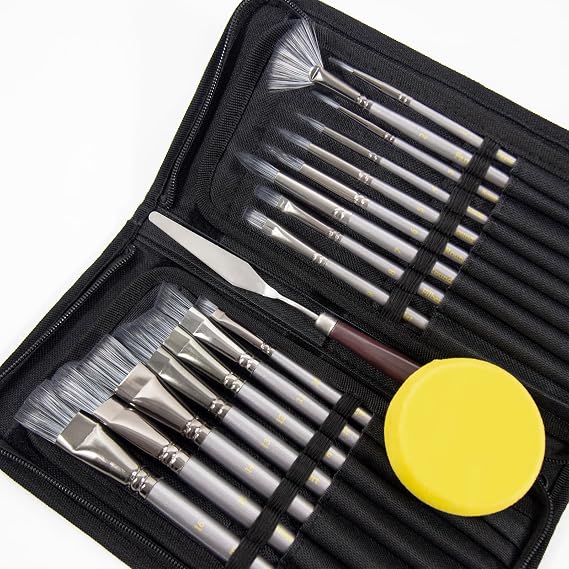 Acrylic Paint Brushes Set, Professional 16 Pcs Nylon Bristle Watercolor and Oil Painting Brushes with Case for Easy Travel Storage, Silver Gray Brush Set for Students, Kids, Teachers, Painting Lovers