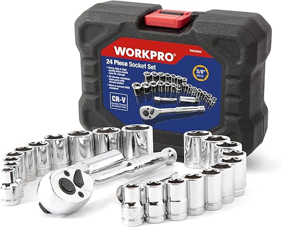 WORKPRO Socket Spanner Set 3/8 Inch Reversible Ratchet with Socket Spanner (Metric & Inches) incl. Tool Box 24 Pieces