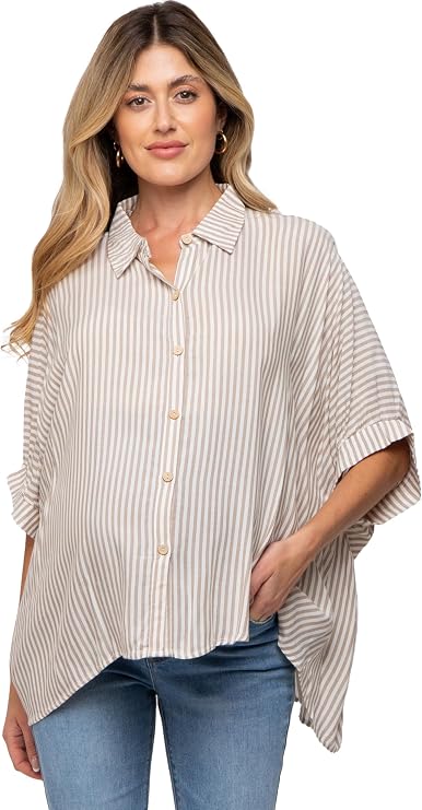 PinkBlush Charcoal Striped Button Up Dolman Maternity Top