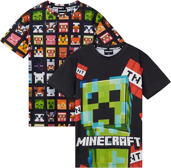 Minecraft Children's T-Shirt Boys with Crew Neck & Creeper Motif Pack of 2