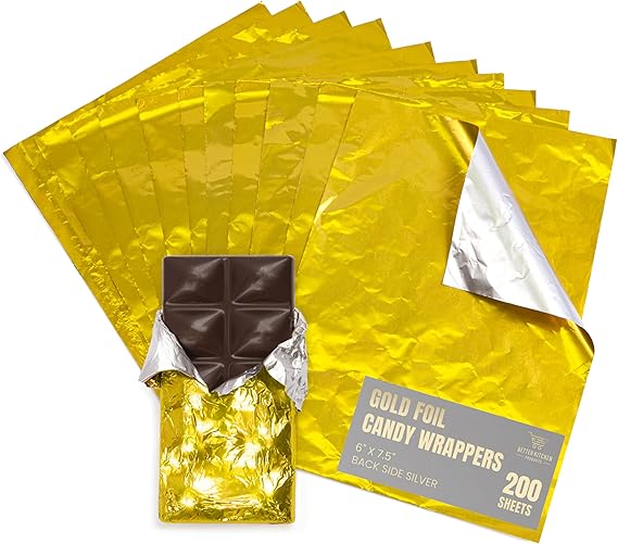 Better Kitchen Products Gold Foil Candy Wrappers, 6" x 7.5", Back Side Silver, Individual Chocolate Packaging, Foil Wraps for Chocolate Bars, Fudge, Brownies, Fruit Bars, (200)