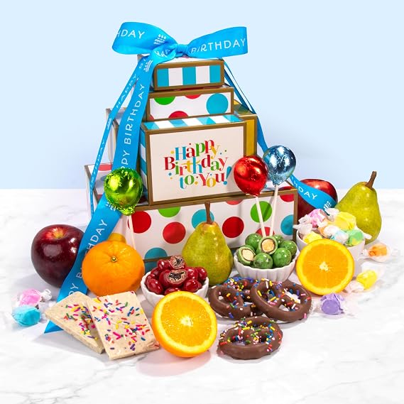 A Gift Inside Birthday Gift Tower Chocolate & Fresh Fruit Gift Tower with Apples, Pears, Oranges, Gourmet Chocolate Treats & Birthday Snacks