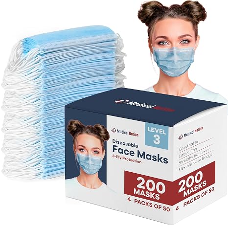 Medical Nation 200 Pack Blue Disposable Face Masks - Level 3 | Bulk 3 Ply Facemask Pack - Soft Breathable Latex Free Non-Woven Dust Mask with Flexible Nose Bridge & Stretchy Ear Loops (4 Packs x 50)