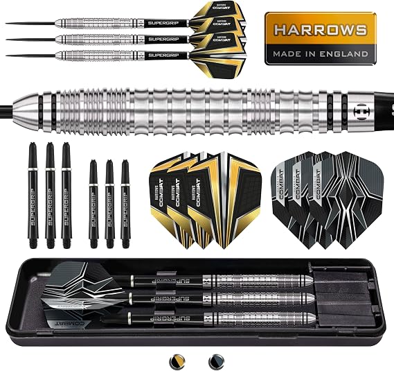 Harrows Combat 90% Tungsten Steel Tip Darts Set I 21g to 30g All Weights Available I Huge 17pcs Bundle with Spare Shafts, Prime Flights & Travel Case