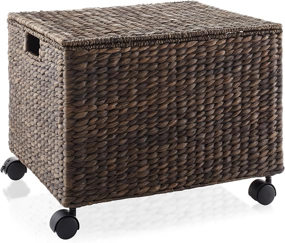 Casafield Rolling Filing Cabinet, Espresso Dark Brown - Water Hyacinth File Organizer with Lid and Wheels, Home Office Storage for Hanging Folders